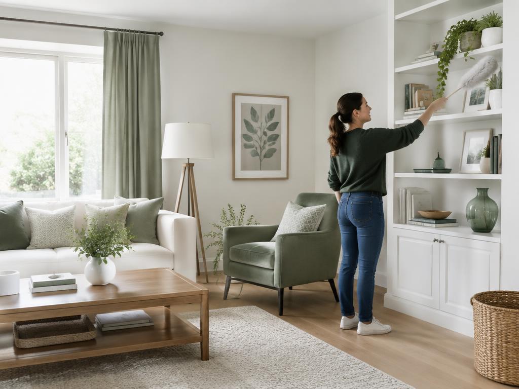 Housekeeper dusting shelves in a bright, tidy living room